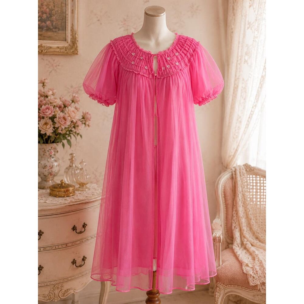 Vintage Gotham Gold Stripe 1950s Baby Doll Robe Pink Sheer Chiffon Smocked Sz M